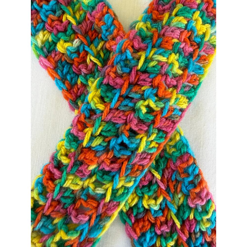 Hand-Crocheted Skinny Scarf / Belt Rainbow Spiral Fringe Hippie Festival Boho